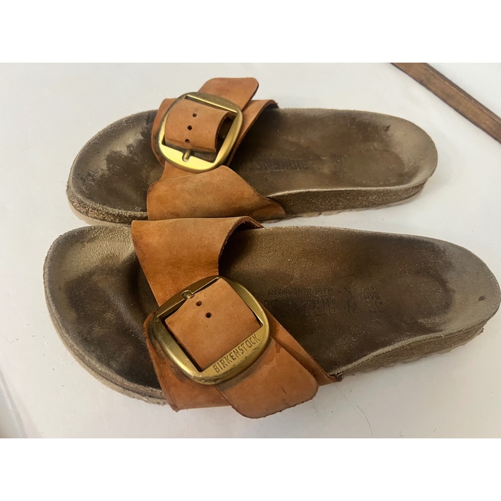 Birkenstock Madrid Big Buckle Cognac Leather Slide Sandals Gold Hardware Size 39